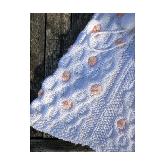 Vintage Hand Knit Sleep Sack Bunting Suit White Peach Floral Green Trim Hooded P - Picture 2 of 4